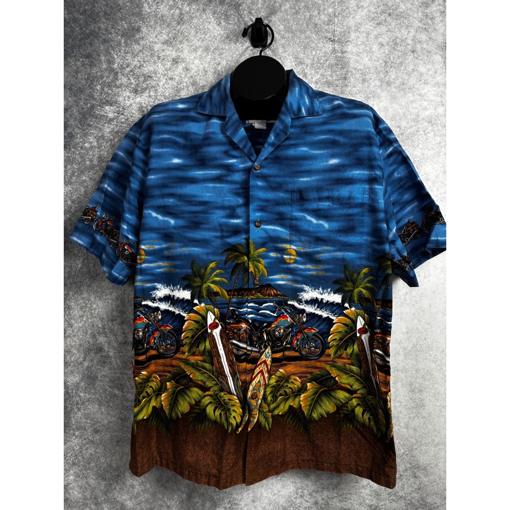 Ky's‎ Motorcycles and Surfboard Hawaiian Shirt Aloha Vintage Button Down Size